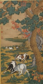 A CHINESE PAINTING OF HORSES SIGNED LANG SHINING