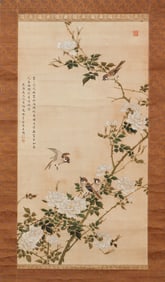A CHINESE PAINTING OF CAMELLIA AND SPARROWS SIGNED YUXING