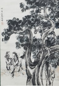 A CHINESE PAINTING OF HORSES GROUP SIGNED XU BEIHONG