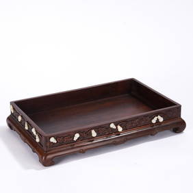 A JADE DOUBLE GOURDS INLAID ANNATTO-WOOD TRAY (1 of 12)
