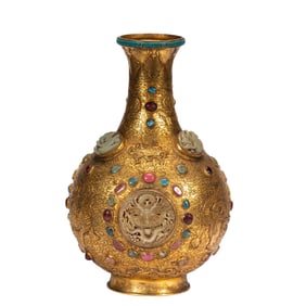 A HARDSTONES INLAID BRONZE-GILT BOTTLE VASE