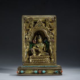 A HARDSTONES INLAID BRONZE-GILT PADMAPANI