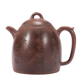 A CHINESE INSCRIBED YIXING GLAZE ZISHA TEAPOT