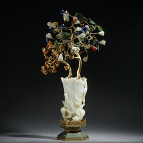 A HARDSTONES DECORATED CARVED WHITE JADE BONSAI