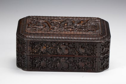 A CARVED ROSEWOOD ZITAN BOX WITH COVER