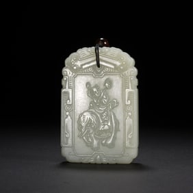 A CARVED WHITE JADE BOY ON ELEPHANT PLAQUE