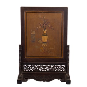 A POLYCHROME PAINTED LACQUER ROSEWOOD ZITAN TABLE SCREEN