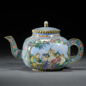 A PAINTED ENAMEL FIGURAL STORY TEAPOT