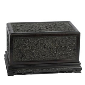 A CARVED ROSEWOOD ZITAN DRAGON BOX WITH COVER