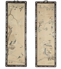 PAIR OF CHINESE EMBROIDERED SILK PANELS WITH BIRDS