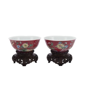 PAIR HIGHLY IMPORTANT CHINESE FAMILLE ROSE PEONY BOWLS