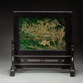 A VERY FINE INCISED JADE LANDSCAPE TABLE SCREEN