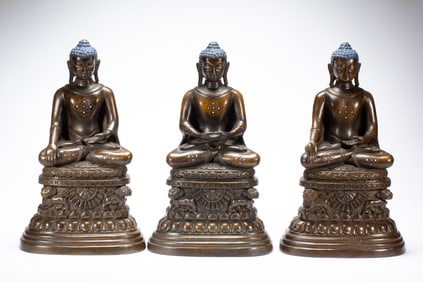 A SET OF THREE MAGNIFICENT COPPER ALLOY TRINITY BUDDHAS
