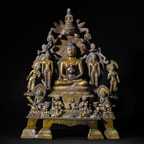 A COPPER ALLOY SEATED AMITABHA WITH ATTENDANTS
