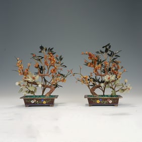 PAIR HARDSTONES DECORATED BONSAI
