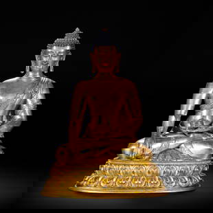 A BRONZE-GILT FIGURE OF SHAKYAMUNI: A BRONZE-GILT FIGURE OF SHAKYAMUNI This magnificent sculpture elegantly depicts the moment at which Buddha Shakyamuni achieves enlightenment. Faced with the threats and temptations of Mara, Buddha ove
