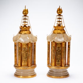 PAIR IMPORTANT CARVED ROCK CRYSTAL PAGODA FORM VESSELS
