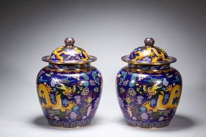 PAIR CLOISONNE ENAMEL DRAGON JARS