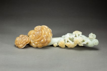 A CARVED WHITE JADE LINGZHI RUYI SCEPTER