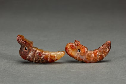PAIR CARVED JADE SILK WORM ORNAMENTS