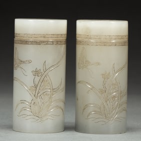 PAIR CARVED WHITE JADE VESSEL WITH COVER