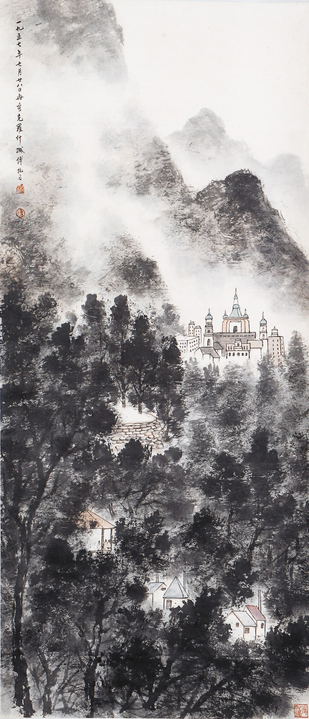 A CHINESE PAINTING OF MOUNTAINSCAPE SIGNED FU BAOSHI: A CHINESE PAINTING OF MOUNTAINSCAPE SIGNED FU BAOSHI Painting depicting mountainscape, hanging scroll, mounted, ink and color on paper, inscribed and signed Fu Baoshi, with seals of artist. DIMENSIONS