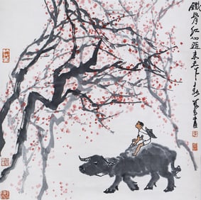 A CHINESE PAINTING OF BOY ON BUFFALO SIGNED LI KERAN