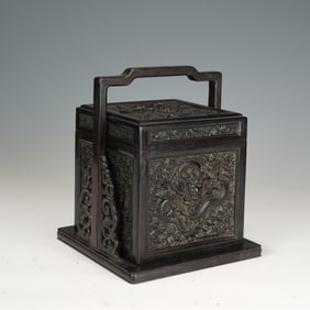 A CARVED ROSEWOOD ZITAN PICNIC BOX