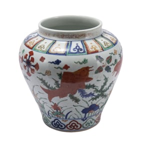 A CHINESE WUCAI LOTUS POND PORCELAIN JAR