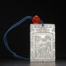 A CARVED WHITE JADE FIGURAL STORY PLAQUE