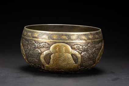 A SILVER PARTLY GILT BUDDHIST ALM BOWL