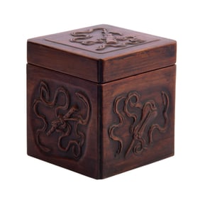 A CARVED HUANGHUALI SQUARED BOX WITH COVER
