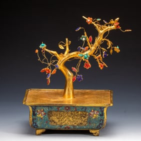 A HARDSTONES DECORATED CLOISONNE ENAMEL BONSAI