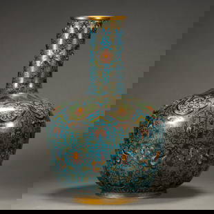 A CLOISONNE ENAMEL KUILONG VASE: A CLOISONNE ENAMEL KUILONG VASE the vessel decorated with kuilong and surrounded with floral sprays. DIMENSIONS: L. 30 cm. W. 30 cm. H. 46 cm. Weight 4830 grams. HAVE A SIMILAR ITEM TO SELL? CONTACT: