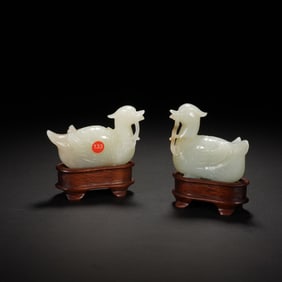 PAIR CARVED WHITE JADE MANDARIN DUCKS