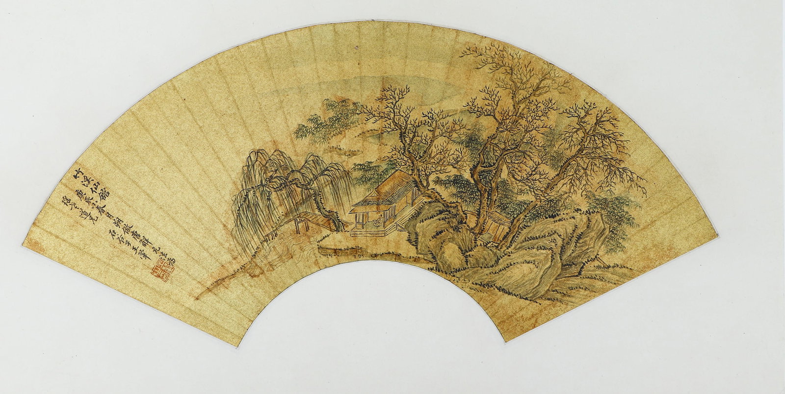 A CHINESE PAINTING OF HUT IN WOOD SIGNED WANGHUI: A CHINESE PAINTING OF HUT IN WOOD SIGNED WANGHUI Painting depicting hut in wood, fan leaf, ink and color on paper, inscribed and signed Wang Hui, with seal of artist. DIMENSIONS: Image only size 19 cm