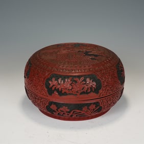 A CARVED CINNABAR LACQUER BOX WITH COVER