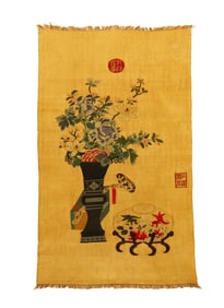 A KESI EMBROIDERED FLOWER AND ANTIQUES HANGING PANEL