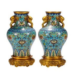 PAIR VERY FINE CLOISONNE ENAMEL LOTUS SCROLLS VASES
