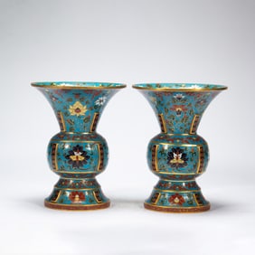 PAIR CLOISONNE ENAMEL BEAKER VASES GU