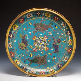 A CLOISONNE ENAMEL LIONS DISH