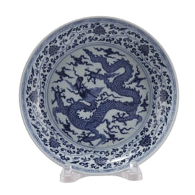 A BLUE AND WHITE DRAGON DISH