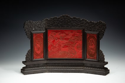 A CARVED CINNABAR LACQUER PLAQUES INLAID WOODEN TABLE SCREEN