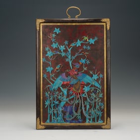 A KING FISHER FEATHER DECORATED HANGING PANEL