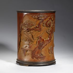 A CARVED BAMBOO FIGURAL STORY BRUSHPOT