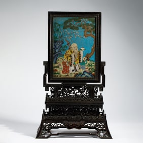 A FINE CLOISONNE ENAMEL INLAID WOODEN TABLE SCREEN