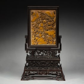 A CARVED SHOUSHAN STONE PLAQUE INLAID ROSEWOOD ZITAN TABLE SCREEN