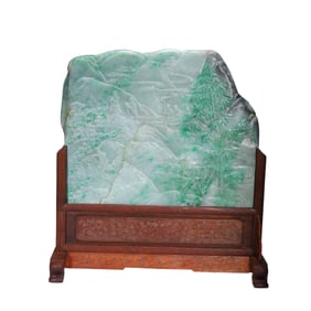 A CARVED JADEITE PLAQUE INLAID WOODEN TABLE SCREEN