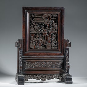 A FINE CARVED HUANGHUALI FIGURAL STORY TABLE SCREEN