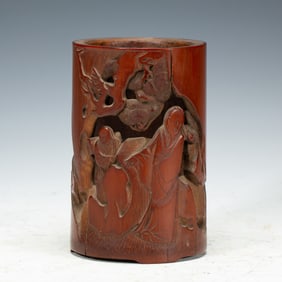 A CARVED BAMBOO FIGURAL STORY BRUSHPOT